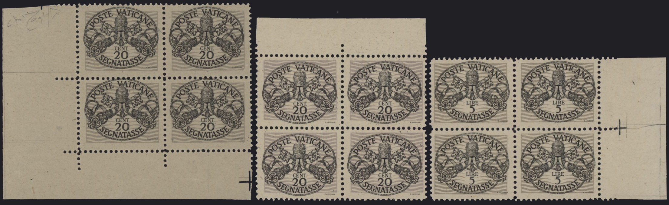 Vaticano - <p><strong>1946 - Righe Larghe, carta bianca e carta grigia</strong>, Sx n° 13/18 + 14/I-18/I, le due serie complete di straordinaria qualità, in quartine anche angolo e bordo di foglio, grande rarità, in particolare in questo stato di conservazione. @</p>