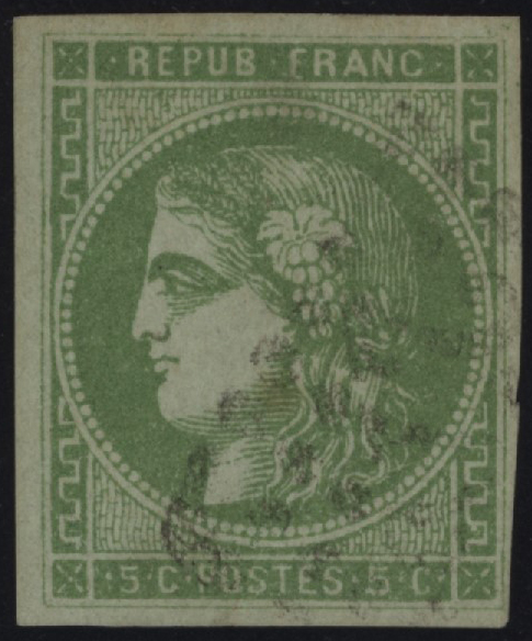 FRANCIA - <p><strong>1870 - 5 cent. verde giallo</strong>, n° 42, ottimo. Firmato Chiavarello.</p>