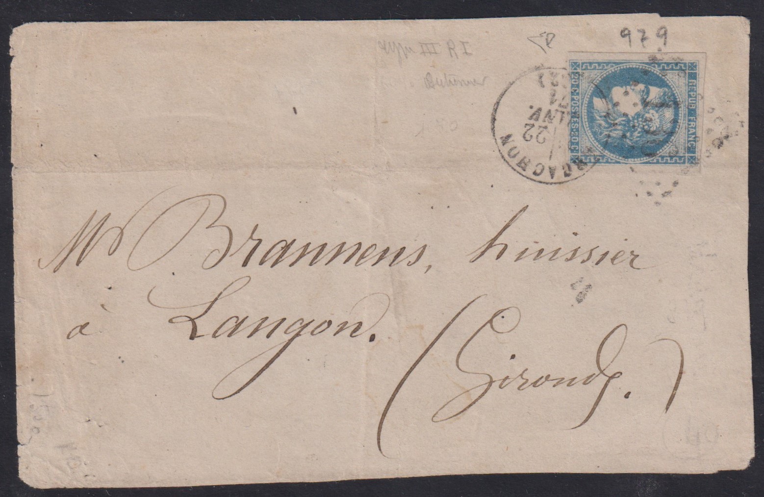 FRANCIA - <p><strong>1871 - Bordeaux 20 cent. III tipo, secondo riporto, oltremare</strong>, n° 46c, ottimo, su lettera da <strong>Arcachon </strong>22 gen 1871 per <strong>Langon</strong>. Certificato Enzo Diena.</p>