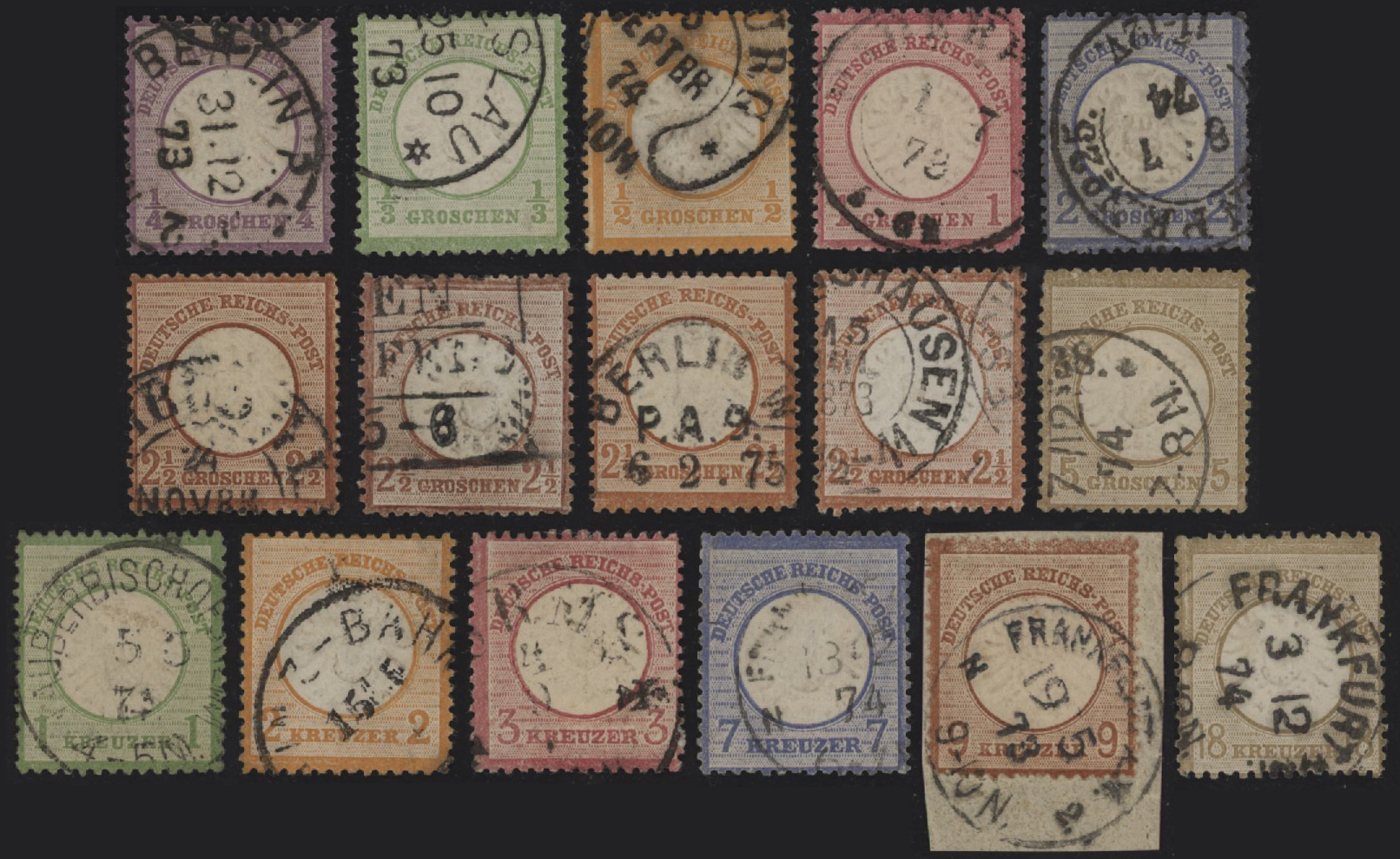 GERMANIA IMPERO E REICH - <p><strong>1872 - Grande Scudo</strong>, n° 13/25 + 18a, ottima/eccellente, serie completa con annulli originali, di grande qualità. Certificato Raybaudi (9 k. bruno, n° 24), certificato Sommer (2,5 groshen lillabruno, Mi n° 21b), certificato Brugger (18 K., Mi n° 28), certificato Krug (2 K. arancio, Mi n° 24).</p>