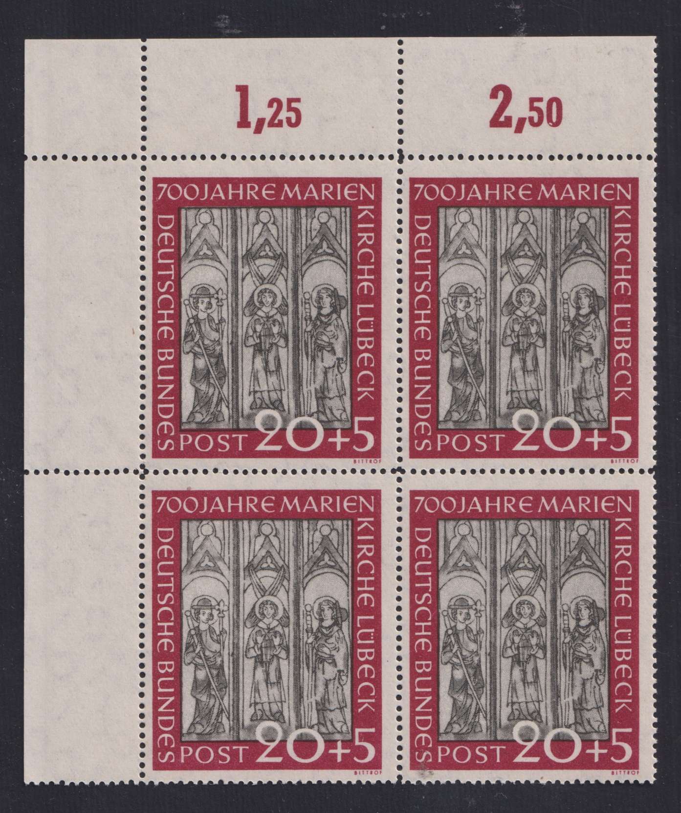 GERMANIA UNITA - <p><strong>1951 - Lubecca</strong>, n° 25/6, in eccellente quartina angolo di foglio superiore sinistro.</p>
