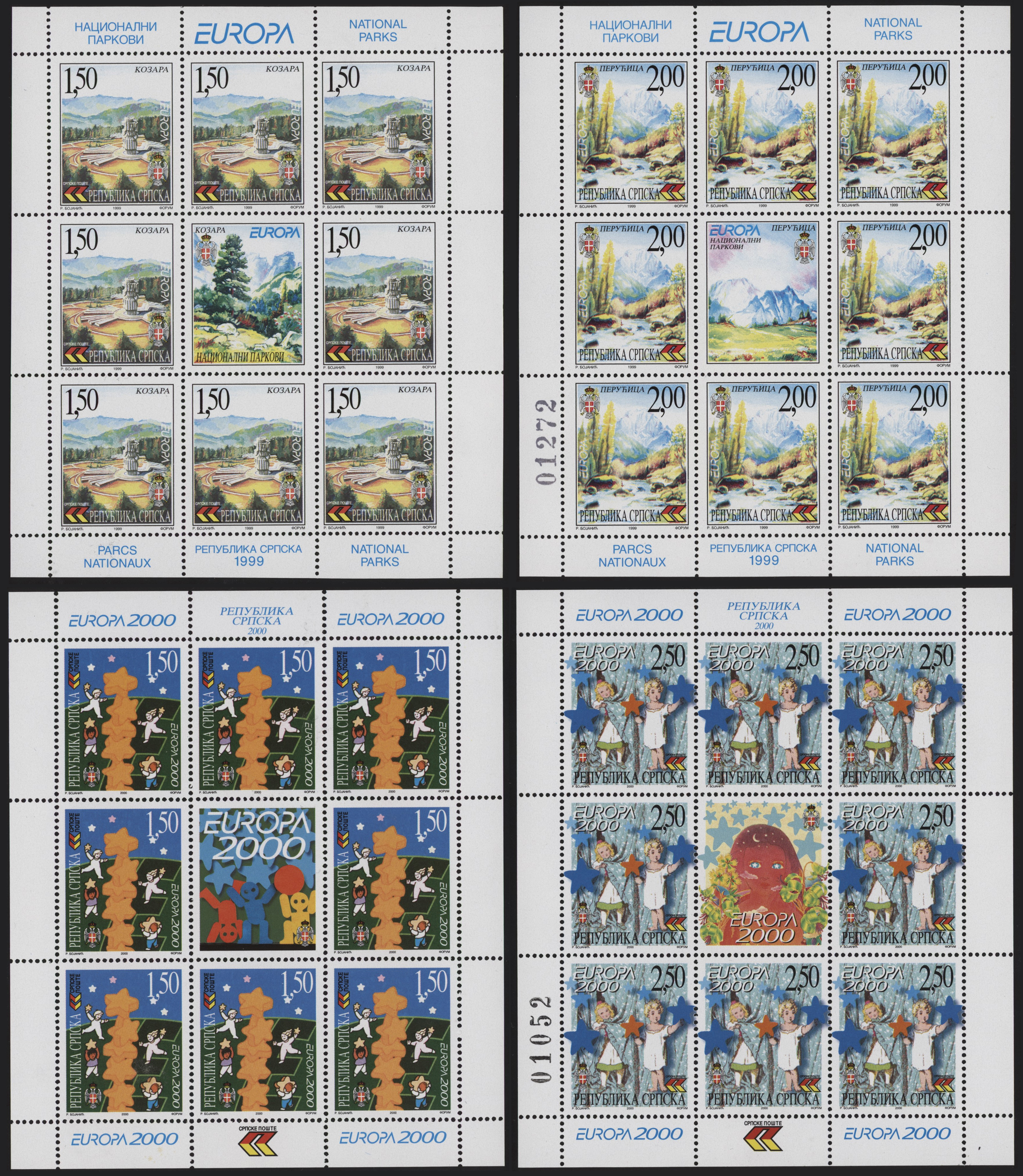 GIRO D'EUROPA CEPT - <p><strong>1999/2000 - Bosnia Serba</strong>, n° 125/6 + 167/8, in splendidi e rari <strong>minifogli </strong>di 8 + una appendice, tiratura soli 2250 e 2875 foglietti, questi esemplari non vennero distribuiti con i giri “regolari” CEPT.</p>