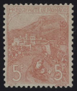 MONACO - <p><strong>1919 - 5 + 5 Franchi rosa su verde “Orfani di Guerra”</strong>, n° 33, eccellente, raro in questo spettacolare stato di conservazione, per freschezza e centratura, integro e certificato “oro” Raybaudi. @</p>