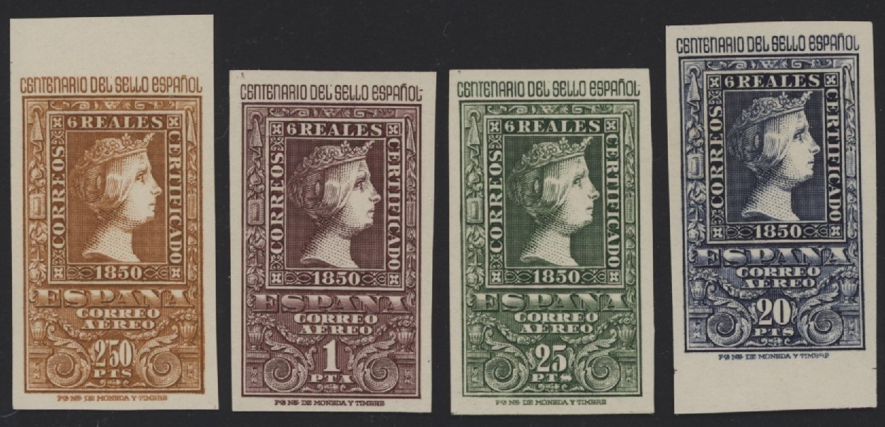 SPAGNA - <p><strong>1950 - Centenario del Francobollo</strong>, n° 802/5 + A 242/5, ottima, gomma integra. Certificato Llach.</p>