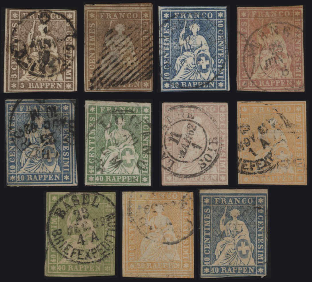 SVIZZERA - <p><strong>1854 - Helvetia Seduta</strong>, <strong>Struber</strong>, 11 esemplari di qualità mista, alto valore di catalogo.</p>
