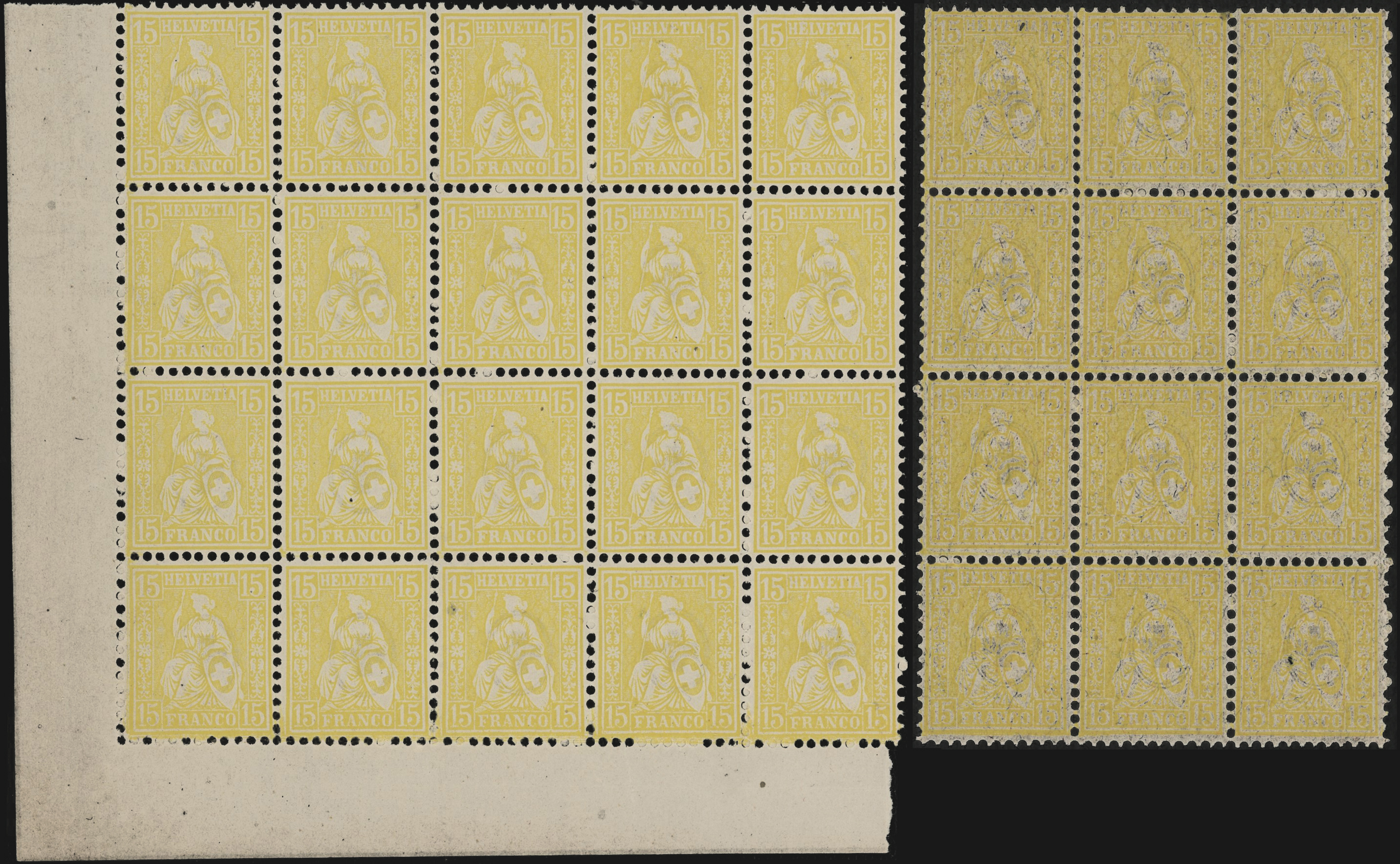 SVIZZERA - <p><strong>1862/81 - Ordinari, Allegoria</strong>, insieme di 10 blocchi, sia su carta ordinaria che con fili di seta, oltre 200 francobolli in blocchi di due secoli fa! Eccellente qualità.</p>