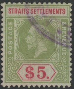MALACCA - <p><strong>1902 - 5 $ verde e rosso</strong>, n° 90 (SG n° 121, 170 £), ottimo, con nitido annullo tondo ideale.</p>