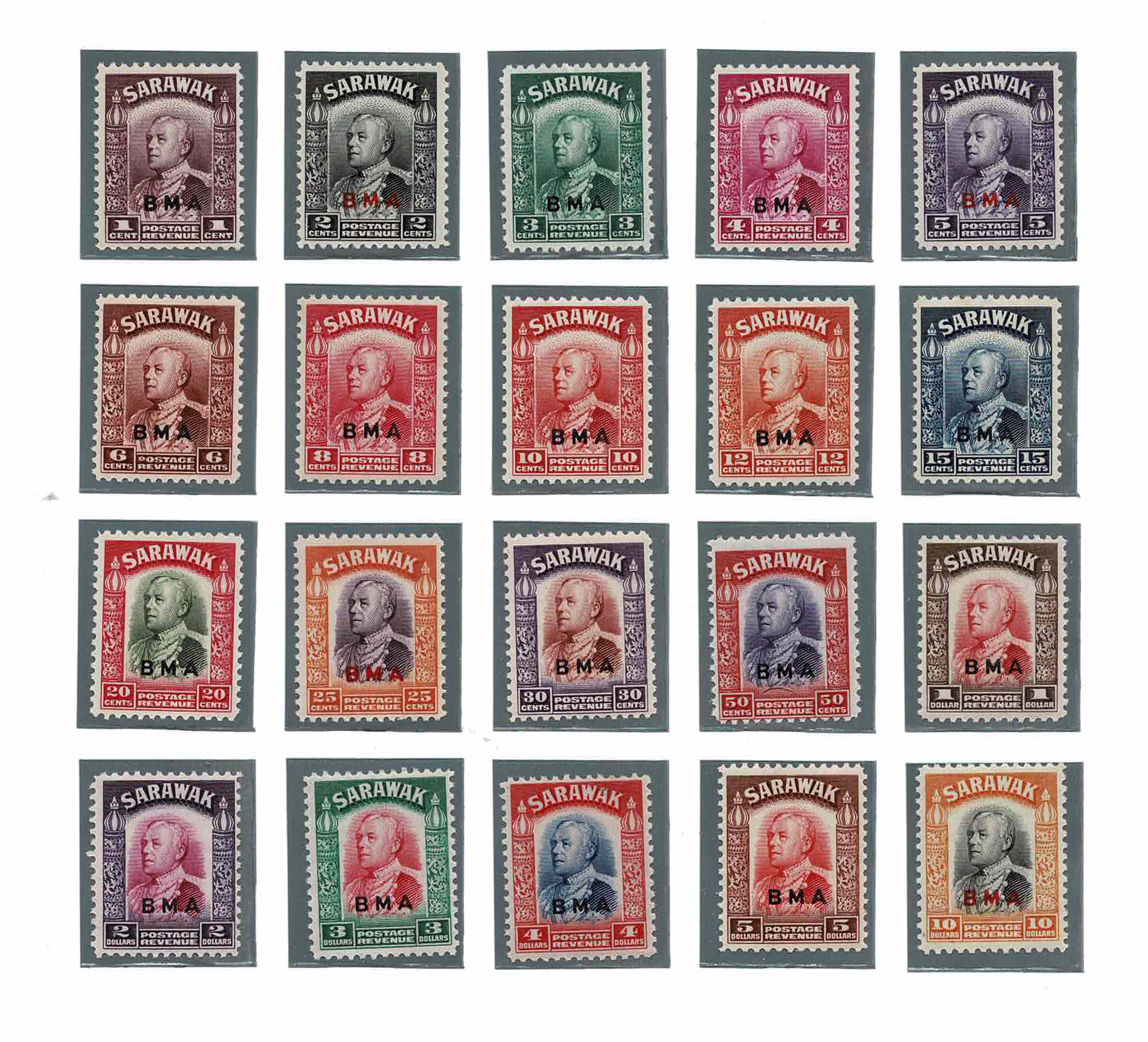 SARAWAK - <p><strong>1945 - Sarawak - Sovrastampata B.M.A.</strong>, SG n° 126/45, ottima serie completa di 20 valori, gomma integra, il solo 10 $ a mio parere ha un'invisibile traccia di linguella, non è il valore più importante.</p>