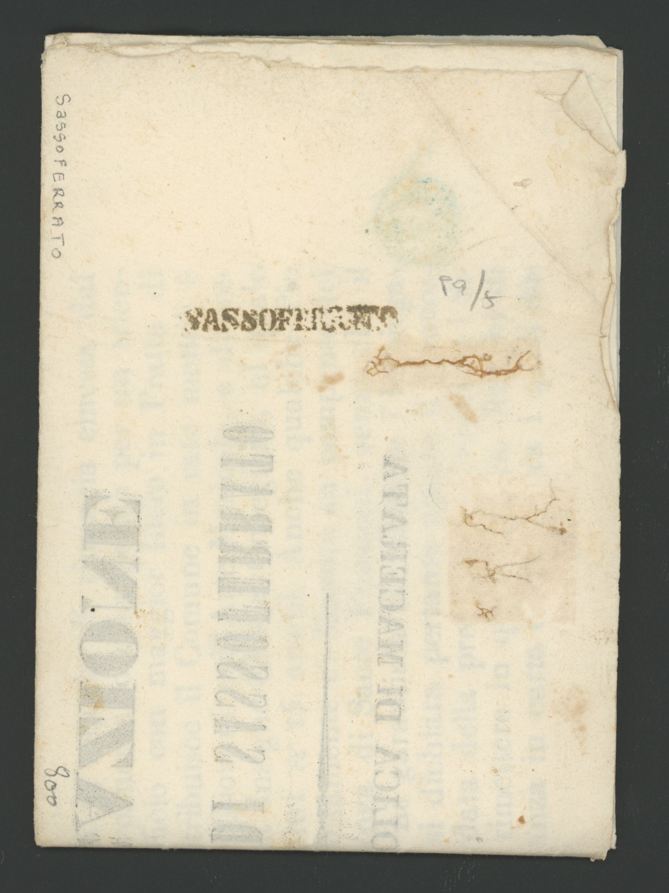 Prefilateliche - <p><strong>1854</strong> - <strong>Sassoferrato </strong>in nero, su stampa, "Abilitazione Legale, ossia di libero esercizio", "Prove di buona condotta Religiosa e Morale", "Professori dell'Arte Musicale", storico documento. Pt 9/5.</p>