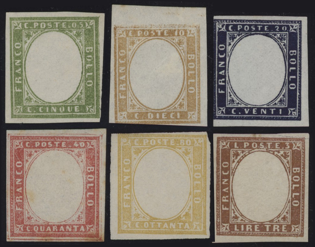 Regno di Sardegna - <p><strong>1863 - Serie completa dei 6 valori senza effige</strong>, con gomma originale (!), quindi non scarti di stamperia, qualità mista, leggermente difettosa, catalogata dal catalogo Bolaffi. Certificato dello Studio Peritale Romano.</p>