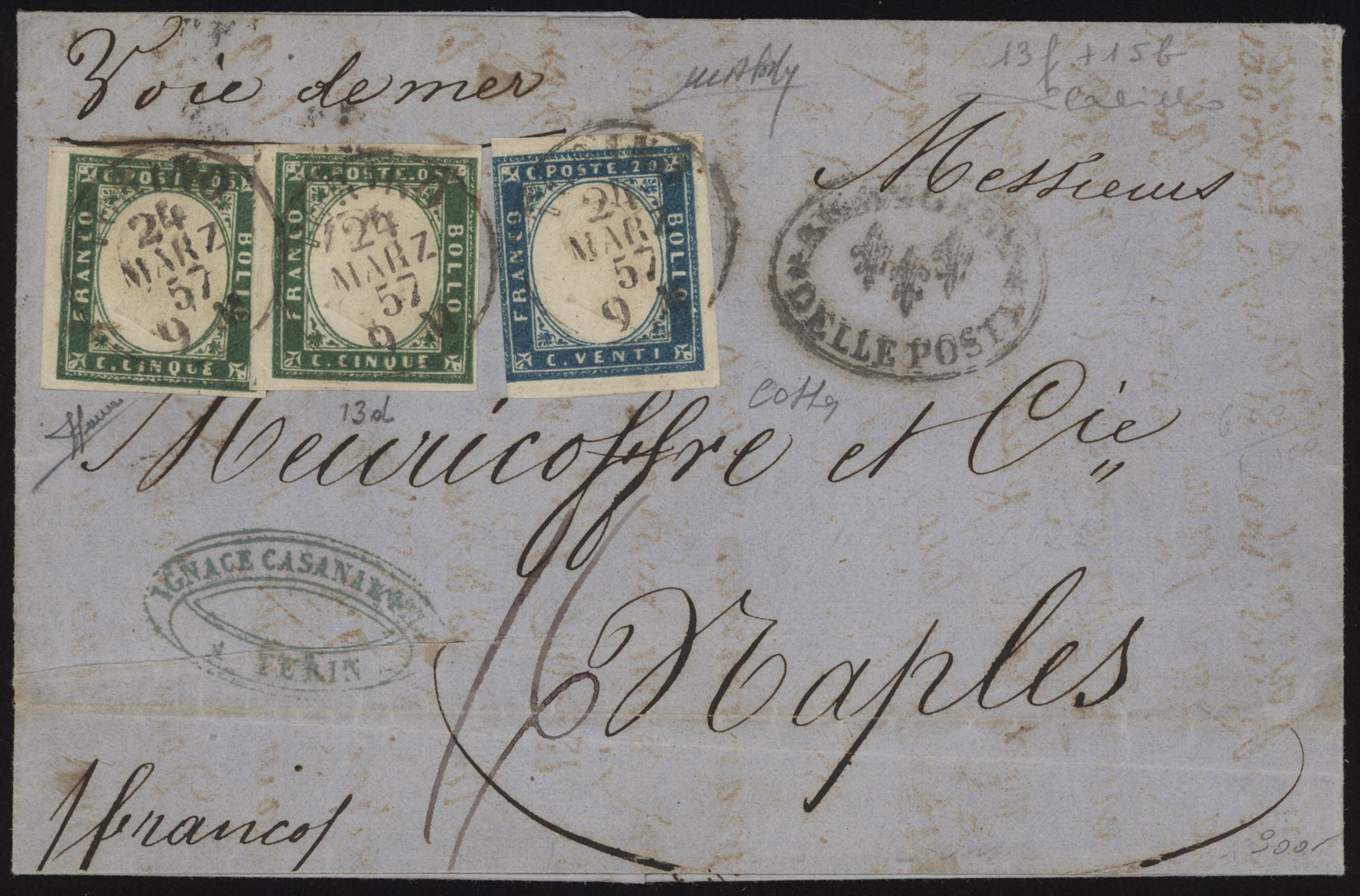 Regno di Sardegna - <p><strong>1857 - 5 cent. verde smeraldo scuro + 20 cent. cobalto scuro</strong>, n° 13f (x2) + 15b, ottimi. Tirature del 1855, su bella lettera da <strong>Torino </strong>24 Marzo 57 per <strong>Napoli </strong>29 Marzo, ‘’<strong>col Vapore</strong>''. L'insieme è accompagnato da due certificati: Giorgio Colla e Silvano Sorani ed è firmato Catania e Cardillo.</p>