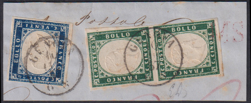 Regno di Sardegna - <p><strong>1857 - 5 cent. verde mirto (cp) + 20 cent. indaco</strong>, n° 13A + 15Ab, tinte del 1857, ottimi, su unico frammento con annullo di Genova. Siglato Emilio Diena.</p>