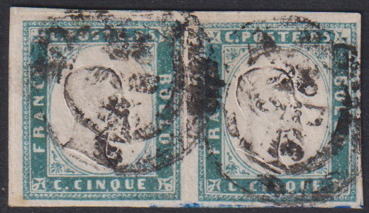 Regno di Sardegna - <p>
	<strong>1855 - 5 cent. verde smeraldo scuro</strong>, n&deg; 13f, splendida&nbsp;<strong>coppia orizzontale</strong>, ottimo insieme, occasione non comune. Firmata G. Oliva.</p>

