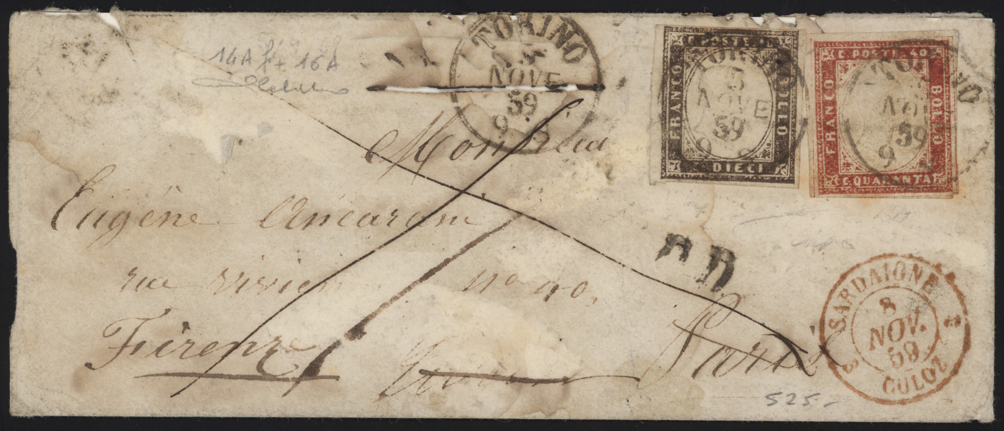 Regno di Sardegna - <p><strong>1859 - 10 cent. bruno cioccolato scuro + 40 cent. scarlatto</strong>, posizione 12, n° 14Af + 16A, ottimi, su letterina di discreta conservazione da <strong>Torino </strong>3.11.59 per <strong>Parigi </strong>e poi rispedita a <strong>Firenze </strong>14 nov, numerosi annulli in varie colorazioni, di transito e dei vari arrivi. Firmata Cardillo.</p>
