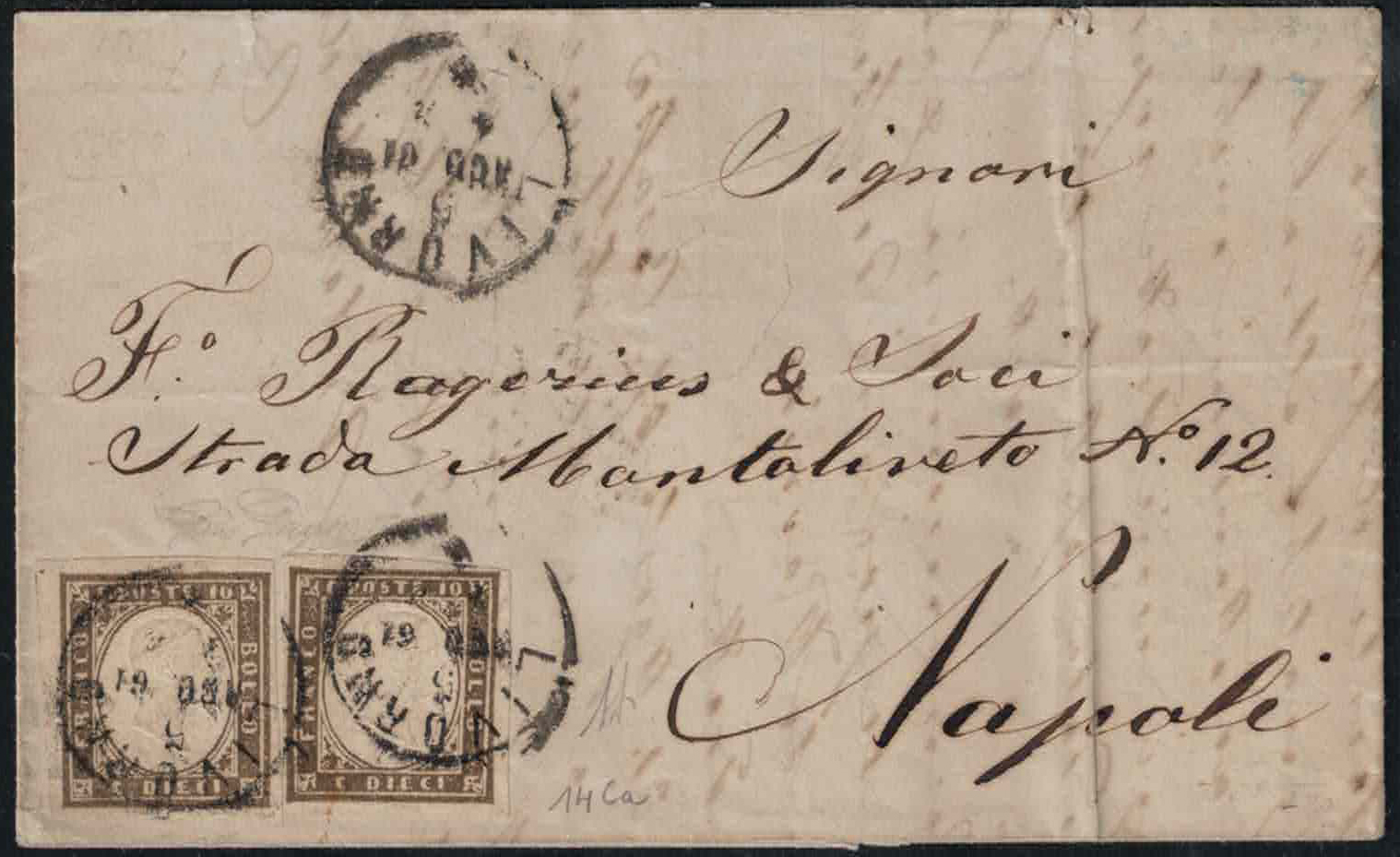Regno di Sardegna - <p><strong>1861 - 10 cent. grigio olivastro scuro</strong>, n° 14Ca, due ottimi esemplari su lettera da <strong>Livorno </strong>5 aug 61 per <strong>Napoli </strong>7 ago. Siglata Alberto Diena.</p>