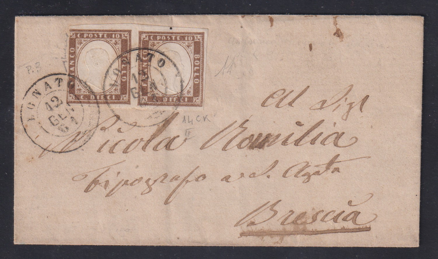 Regno di Sardegna - <p><strong>1861 - 10 c. bruno lillaceo</strong>, n° 14Ba, coppia orizzontale corta a sinistra, su lettera da <strong>Lonato </strong>12 GEN 61 per <strong>Brescia </strong>(poco nitido), colorazione non comune. Firmata Chiavarello e siglata da Alberto Diena.</p>