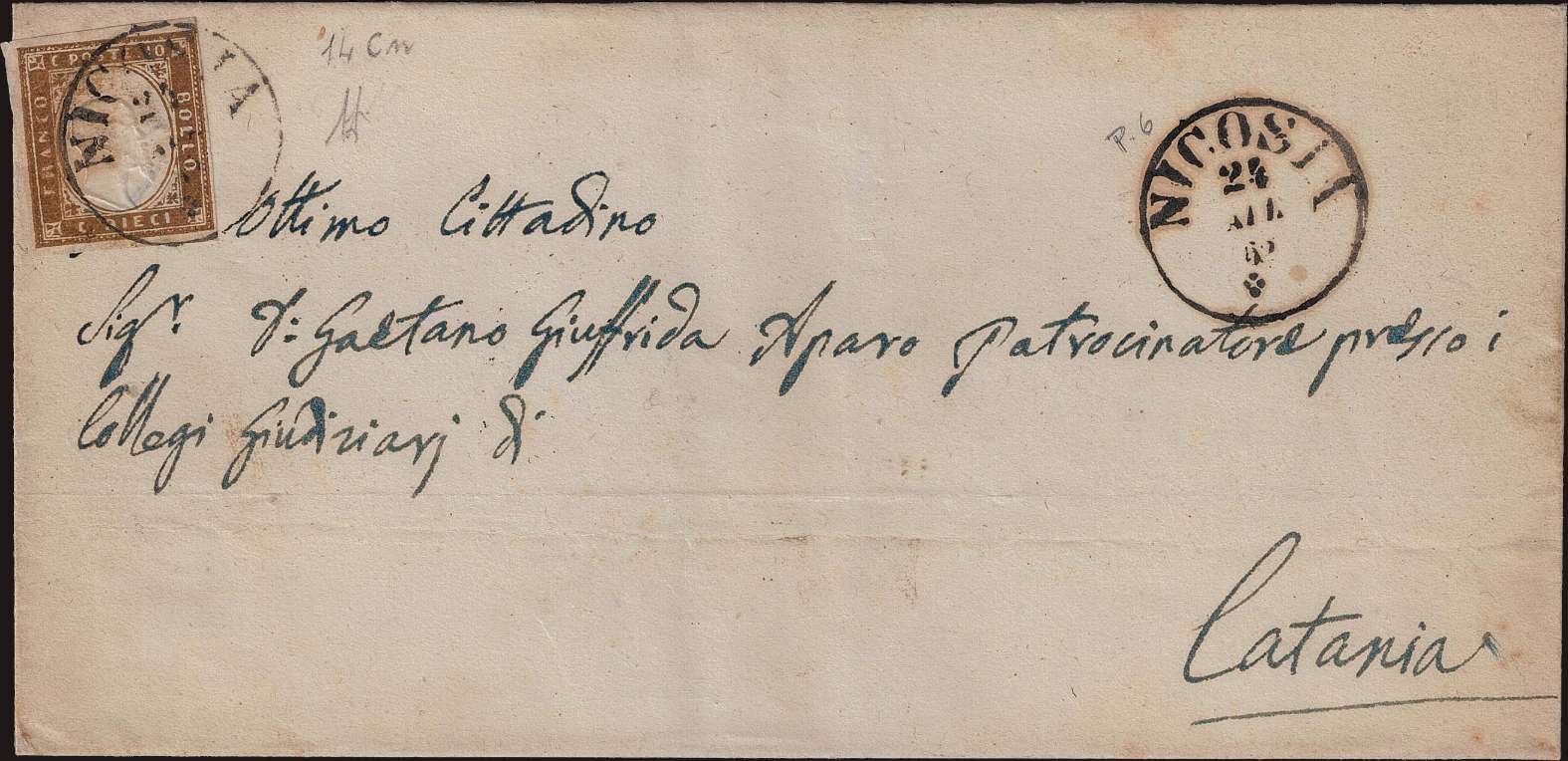 Regno di Sardegna - <p><strong>1861 - SICILIA - 10 cent. bruno</strong>, n° 14Cp, ottimo, su lettera da <strong>Nicosia </strong>(pt 5) 24 ott 62 per <strong>Catania </strong>26 ott.&nbsp; Siglata Alberto Diena.</p>