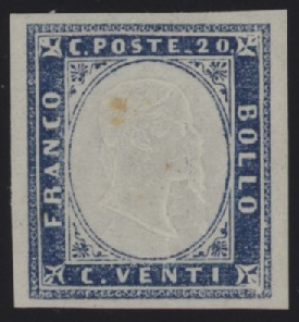 Regno di Sardegna - <p><strong>1862 - 20 cent. indaco chiaro, Sardegna IV emissione</strong>, n° 15Eb, buon esemplare nuovo con gomma originale, piccolo punto di ingiallimento. Rara tonalità.</p>