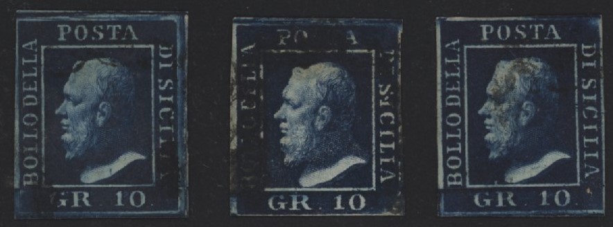 Sicilia - <p>
	<strong>1859 - 10 grana</strong>&nbsp;azzurro cupo, n&deg; 12, 3 ottimi esemplari.</p>
