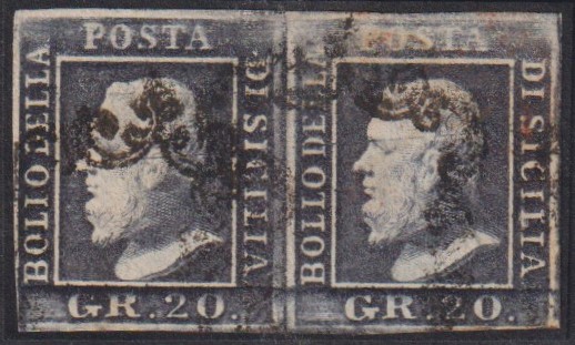 Sicilia - <p><strong>1859 - 20 grana ardesia scuro</strong>, n° 13c, splendida coppia orizzontale, &nbsp;perfetta. Siglata da Emilio e Alberto Diena, certificato Colla.</p>