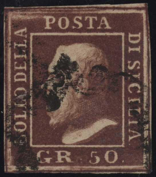 Sicilia - <p><strong>1859 -&nbsp;50 grana lacca bruno violaceo</strong>, n° 14b, ottimo/eccellente, fresco e con margini molto ampi, uno dei francobolli usati più rari di Napoli e Sicilia. Firmato da Alberto ed Enzo Diena per esteso, certificato Chiavarello.</p>