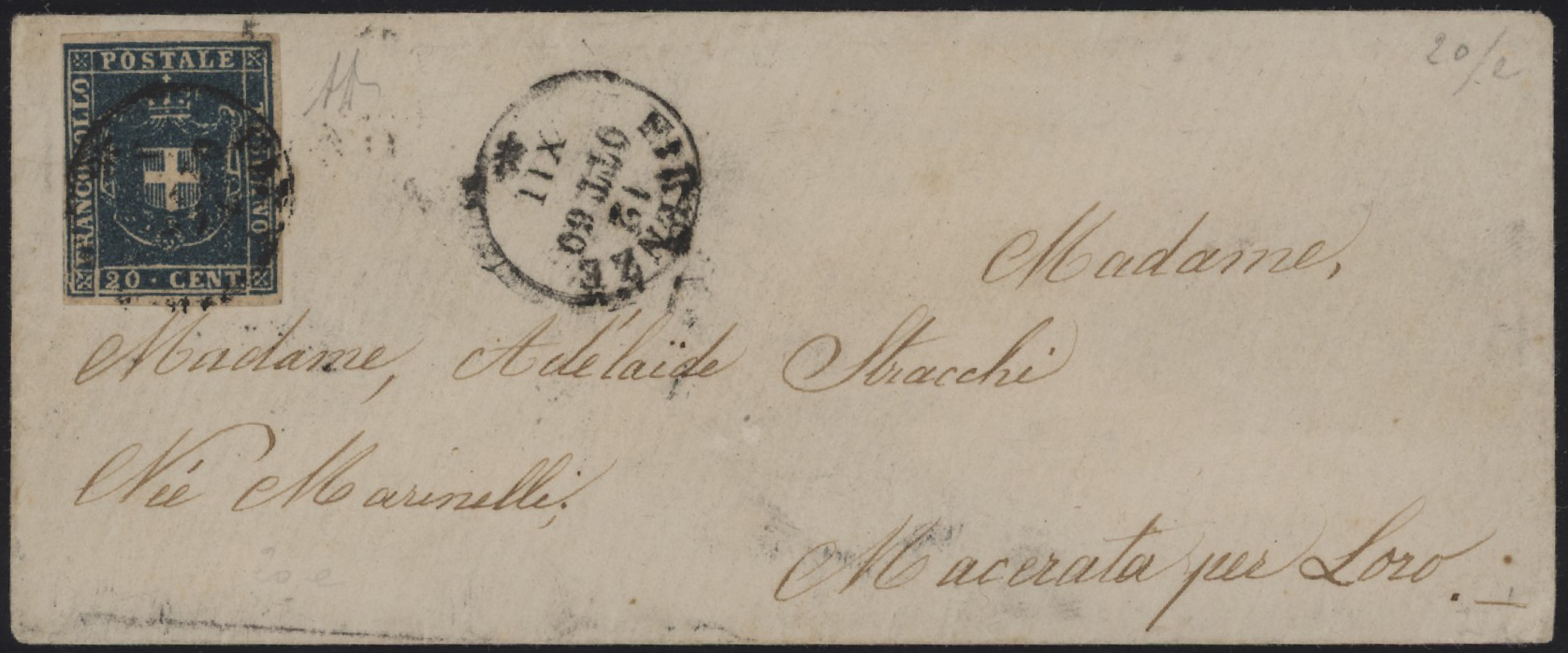 Granducato di Toscana - <p><strong>1860 - 20 cent. azzurro</strong>, n° 20, ottimo, su lettera lusso da <strong>Firenze </strong>12 OTT 1860 per <strong>Macerata </strong>15 OTT, lo splendido insieme è siglato da Alberto Diena.</p>