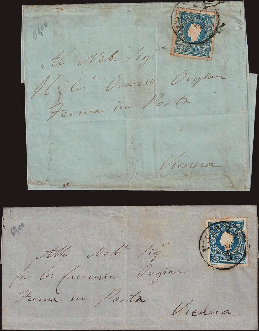 Lombardo Veneto - <p><strong>1859 - 15 s. azzurro e azzurro vivo</strong>, n° 32 e 32a, ottimi, isolati su due lettere un po' "stanche" da <strong>Vicenza </strong>per <strong>Vienna</strong>.</p>