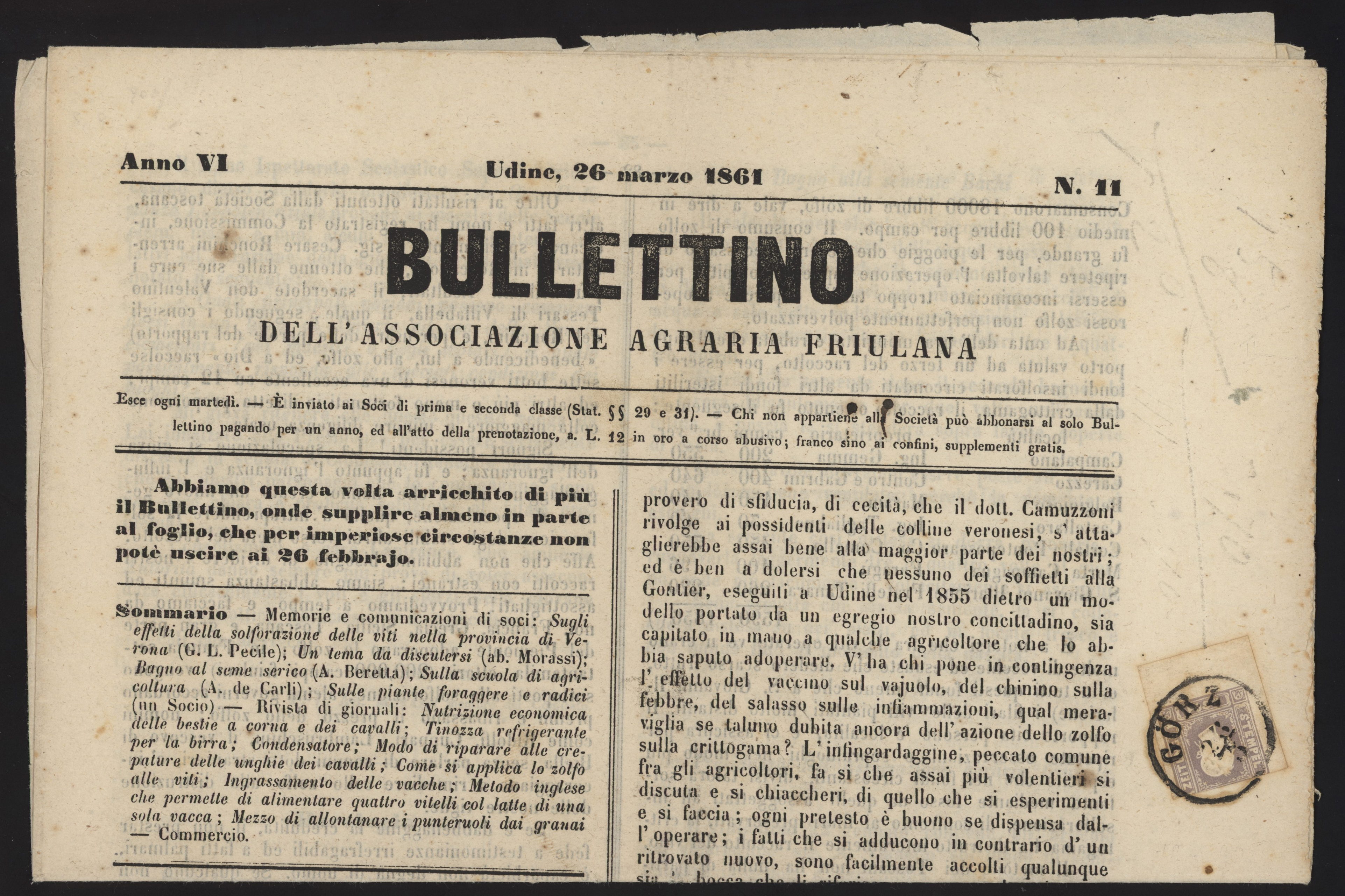 Lombardo Veneto - <p><strong>1859 - (1,05 soldi) lilla grigio</strong>, FxG n° 9, corto in alto ma margine inferiore enorme, su giornale completo del 26 marzo 1861 da <strong>Udine </strong>a <strong>Gorizia</strong>, ottima conservazione dell'insieme.</p>