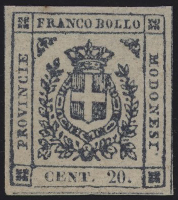 Ducato di Modena - <p><strong>1859 - 20 cent. ardesia violaceo</strong>, n° 15, ottimo/eccellente, freschissimo e con gomma integra, ampi margini. L'esemplare è corredato da certificato Bolaffi finanziario 100%.</p>