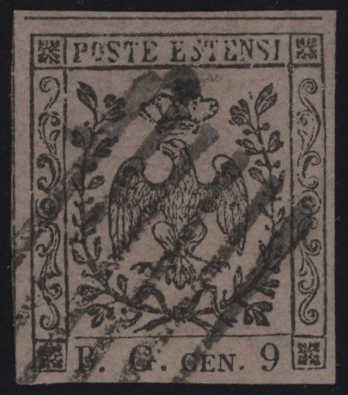Ducato di Modena - <p><strong>1853 - BG grandi 9 cent.</strong>, SxG n° 1, ottimo, fresco e con ampi margini, annullo unico e nitido, raro. Certificato Diena (per esteso).</p>