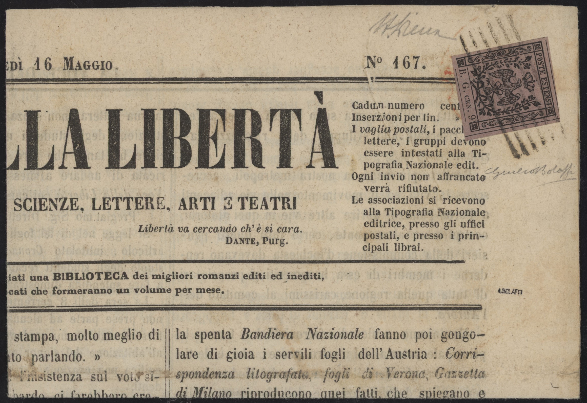 Ducato di Modena - <p><strong>1853 </strong>- <strong>BG grande</strong>, Segnatasse per Giornali n° 1, ottimo/eccellente, su intero giornale "LA VOCE DELLA LIBERTA'" del 16 maggio 1853, quotidiano di politica, scienze, lettere, arti e teatro, insieme di eccellente qualità, rarità. &nbsp;Firmato Giulio Bolaffi per esteso, Alberto Diena per esteso. Il certificato Bolaffi che lo descriveva come"...uno dei migliori conosciuti..." è stato smarrito dal committente.</p>