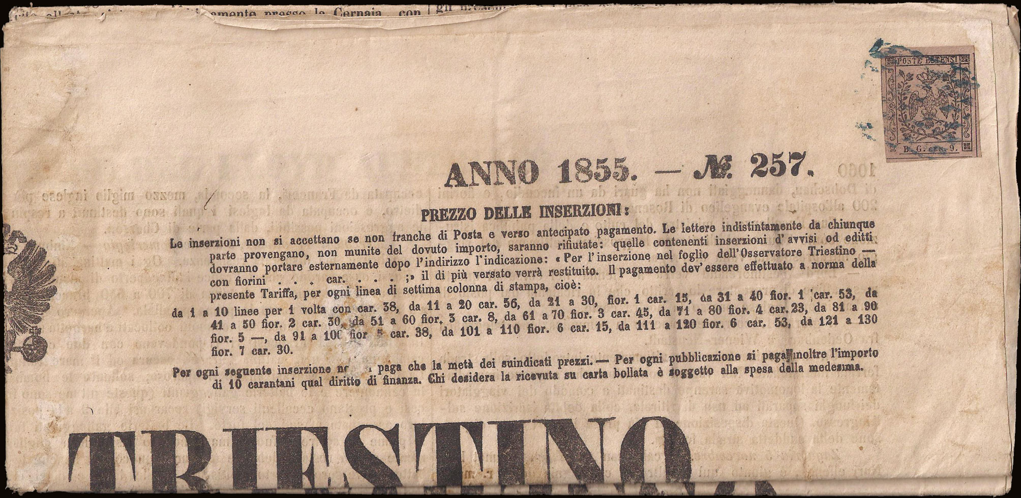 Ducato di Modena - <p><strong>1855 - BG Piccole 9 cent</strong>., SxG n° 2, ottimo, grandi margini, <strong>su giornale cpl "Osservatore Triestino</strong>" 8 Nov 1855, annullo Modena (muto a rombi azzurro, poco nitido, pt 11), interessante e non comune.</p>