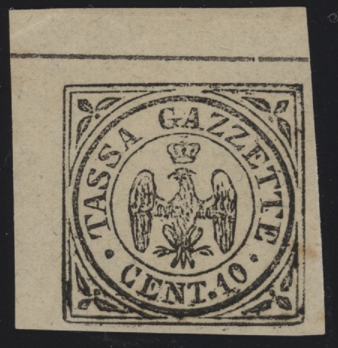 Ducato di Modena - <p><strong>1859 - Aquilotto</strong>, SxG n° 5, eccellente, angolo di foglio e con gomma integra, spettacolare. Siglato Alberto Diena e firmato Ferrario.</p>