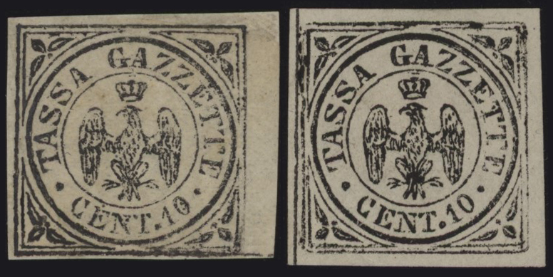 Ducato di Modena - <p><strong>1853 - Aquilotti</strong>, SxG n° 5 + 5/I, ottimi, senza gomma Alberto Diena e Ferrario.</p>