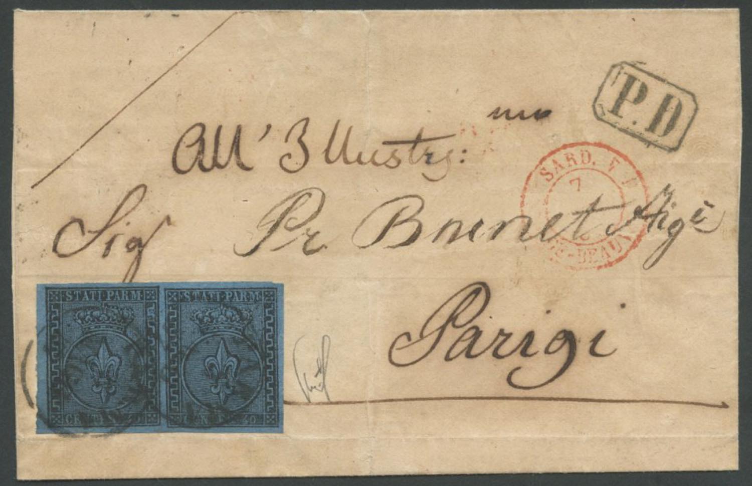 Ducato di Parma - <p><strong>1852 - 40 cent. azzurro</strong>, n° 5, in coppia orizzontale su busta da <strong>Parma</strong>, 4/5/1857, per <strong>Parigi </strong>dove giunse il 7/5/1857. La lettera è accompagnata da certificato di Luigi Guido.</p>