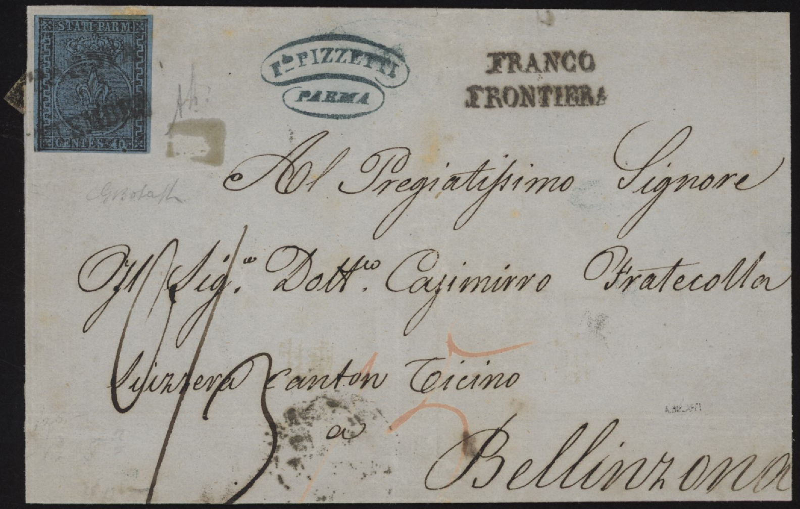 Ducato di Parma - <p><strong>1853 - 40 centesimi azzurro chiaro</strong>, n° 5a, ottimo, su busta da <strong>Parma </strong>per <strong>Bellinzona </strong>dove giunse il 13.09.1853. Sul fronte della lettera è apposto il timbro ‘’Franco Frontiera''. Il raro insieme è firmato Bolaffi e siglato Alberto Diena.</p>