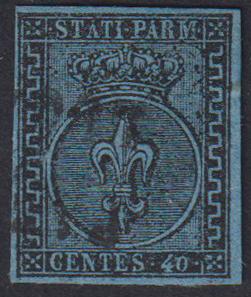 Ducato di Parma - <p>
	<strong>1852 - 40 cent. azzurro chiaro</strong>, n&deg; 5a, ottimo, ben marginato e unico nitido e leggero annullo. Siglato Alberto Diena.</p>
