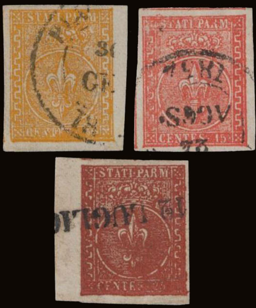 Ducato di Parma - <p><strong>1853 - II Emissione</strong>, n° 6/8, eccezionale per freschezza, margini e annulli, non comune in questo splendido stato di conservazione, 2 angolo di foglio. Certificato Bolaffi ("...eccezionale bellezza"), certificato Raybaudi, certificato Avi.</p>
