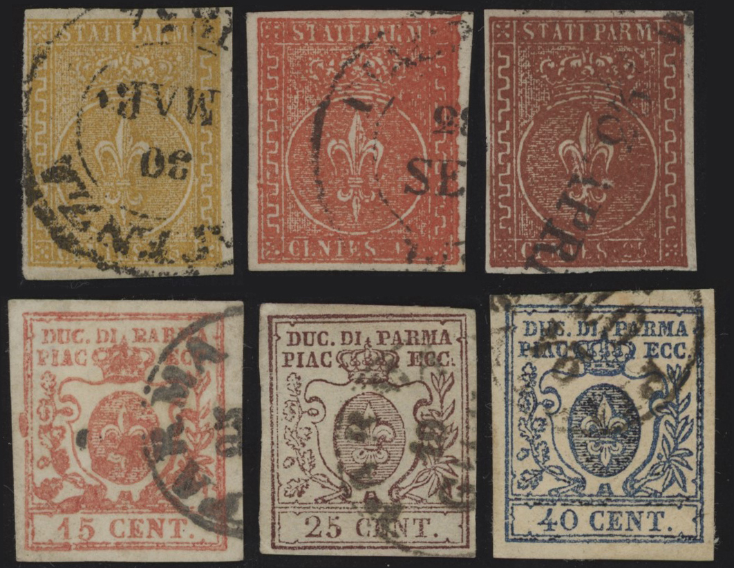 Ducato di Parma - <p><strong>1853/57 - Le due serie</strong>, n° 6/8 + 9/11, lusso. Nella prima serie tutti siglati Alberto Diena e Ferrario e firmati Colla, nella seconda il 1° siglato Emilio Diena ed il 3° siglato Enzo Diena e firmato Raybaudi.</p>