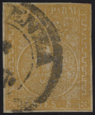 Ducato di Parma - <p><strong>1853 - 5 cent. giallo arancio</strong>, n° 6, ottimo, ben marginato, fresco e perfetto, con nitido annullo originale di Piacenza.&nbsp;</p>