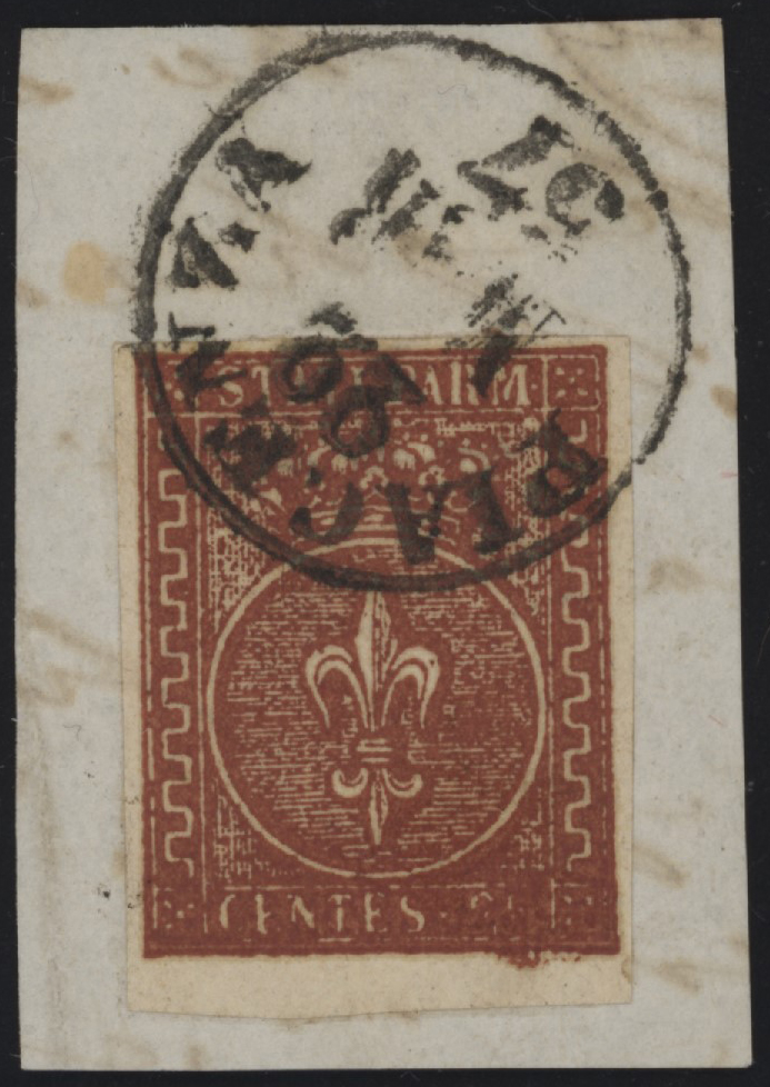 Ducato di Parma - <p><strong>1853 - 25 cent. bruno rosso</strong>, n° 8, ottimo/eccellente, bordo di foglio inferiore, su piccolo frammento con annullo completo di Piacenza 22 Mar 57, splendido insieme.</p>