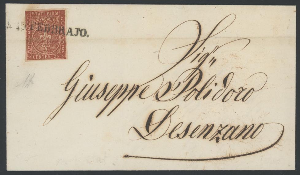 Ducato di Parma - <p><strong>1856 - 25 cent.</strong>, n° 8, isolato su lettera da <strong>Parma </strong>datario annullatore per <strong>Desenzano</strong>, piega orizzontale che interessa il francobollo, comunque insieme di bellissimo aspetto. Alberto Diena.</p>