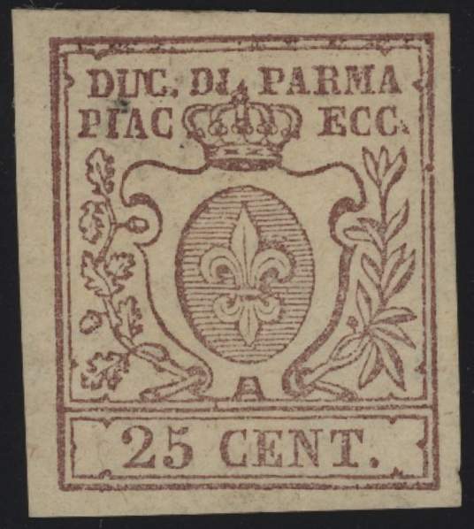 Ducato di Parma - <p><strong>1852 -&nbsp;25 cent. bruno lilla</strong>, n° 10, ottimo. Oliva, sigla Enzo Diena.</p>