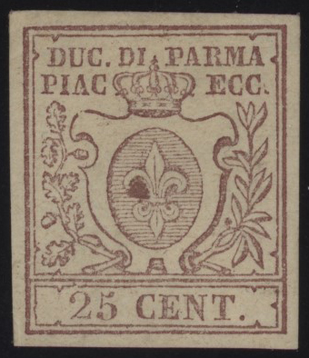 Ducato di Parma - <p><strong>1852 -&nbsp;25 cent. bruno</strong>, n° 10, ottimo, interessante macchia di stampa sullo scudo. Siglato da Alberto ed Enzo Diena.</p>