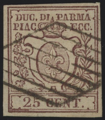 Ducato di Parma - <p><strong>1857 - 25 cent. bruno lilla</strong>, n° 10, ottimo, annullo a griglia ideale. Siglato Alberto Diena e firmato Oliva.</p>