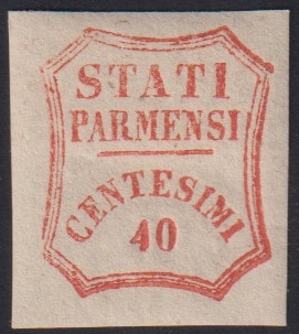 Ducato di Parma - <p>
	<strong>1859 - 40 cent. vermiglio</strong>, n&deg; 17, ottimo, grandi margini. Siglato Alberto Diena.</p>
