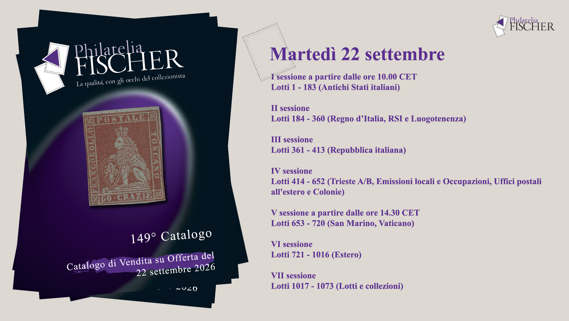 Martedì 22 settembre, in occasione dell'Asta 149 il negozio rimarrà chiuso al pubblico