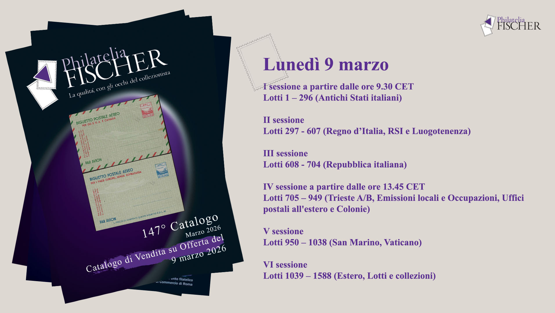 Lunedì 9 marzo, in occasione dell'Asta 147 il negozio rimarrà chiuso al pubblico